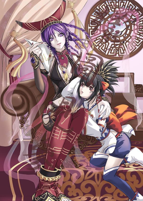 da ji, himiko (musou orochi), musou orochi, musou orochi 2, 2girls, anklet, black hair, braid, detached sleeves, earrings, female focus, fox, hat, indoors, jewelry, long hair, multiple girls, pointy ears, purple eyes, purple hair, thighhighs