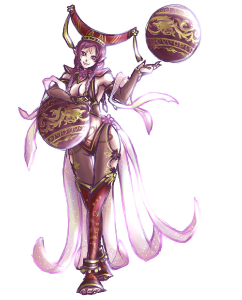 blockhouse, da ji, musou orochi, hat, long hair, pointy ears, purple eyes, purple hair