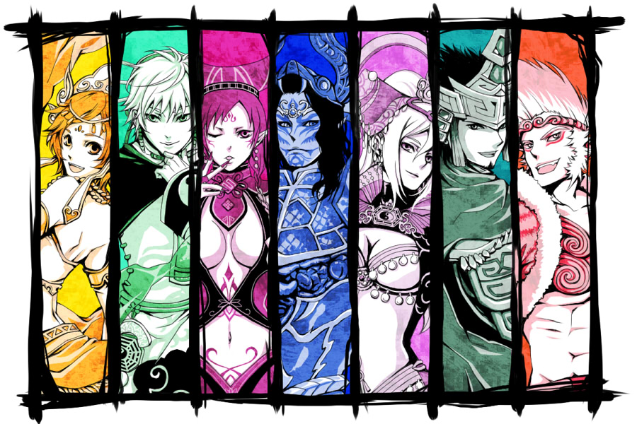 blockhouse, da ji, fashi sanzang, fu xi, nuwa (musou orochi), orochi (musou orochi), sun wukong, taigong wang (musou orochi), musou orochi, musou orochi 2, tagme, armor, braid, hat, long hair, pointy ears, tattoo