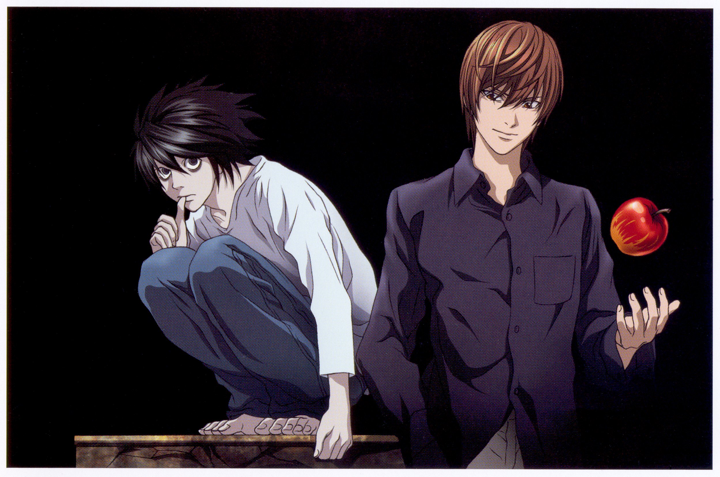 l (death note), yagami light, death note, highres, official art, scan, scan artifacts, 00s, 2boys, apple, barefoot, black hair, brown hair, food, fruit, hand in pocket, multiple boys, squatting