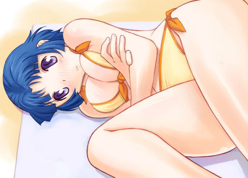 katatsuka kouji, kusuha mizuha, banpresto, super robot wars, bad id, bad pixiv id, 1girl, bikini, blue hair, breasts, cleavage, crossed arms, female focus, gradient background, lying, medium breasts, on side, purple eyes, short hair, side-tie bikini bottom, solo, swimsuit