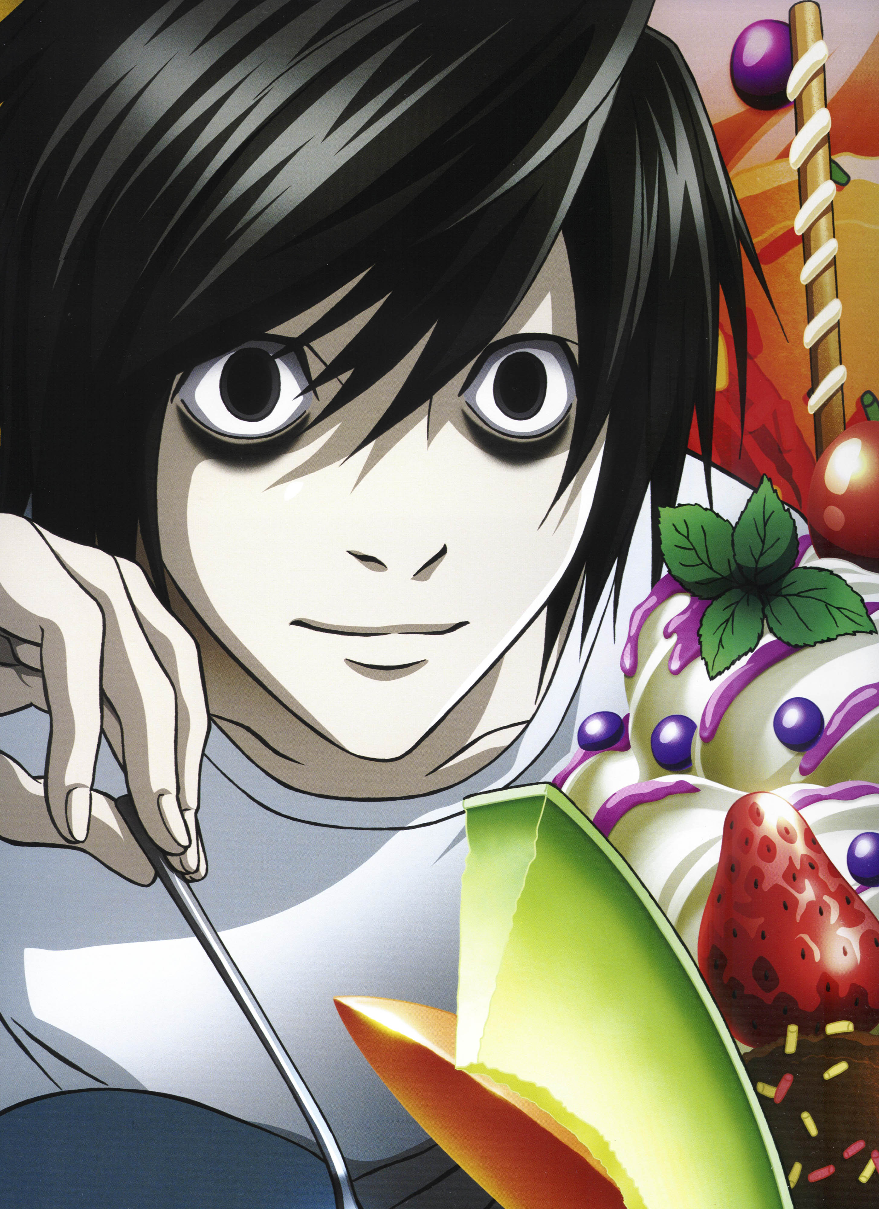 l (death note), death note, absurdres, highres, 00s, 1boy, black hair, food, fruit, ice cream, male focus, pale skin, smile, solo, spoon, sprinkles, strawberry