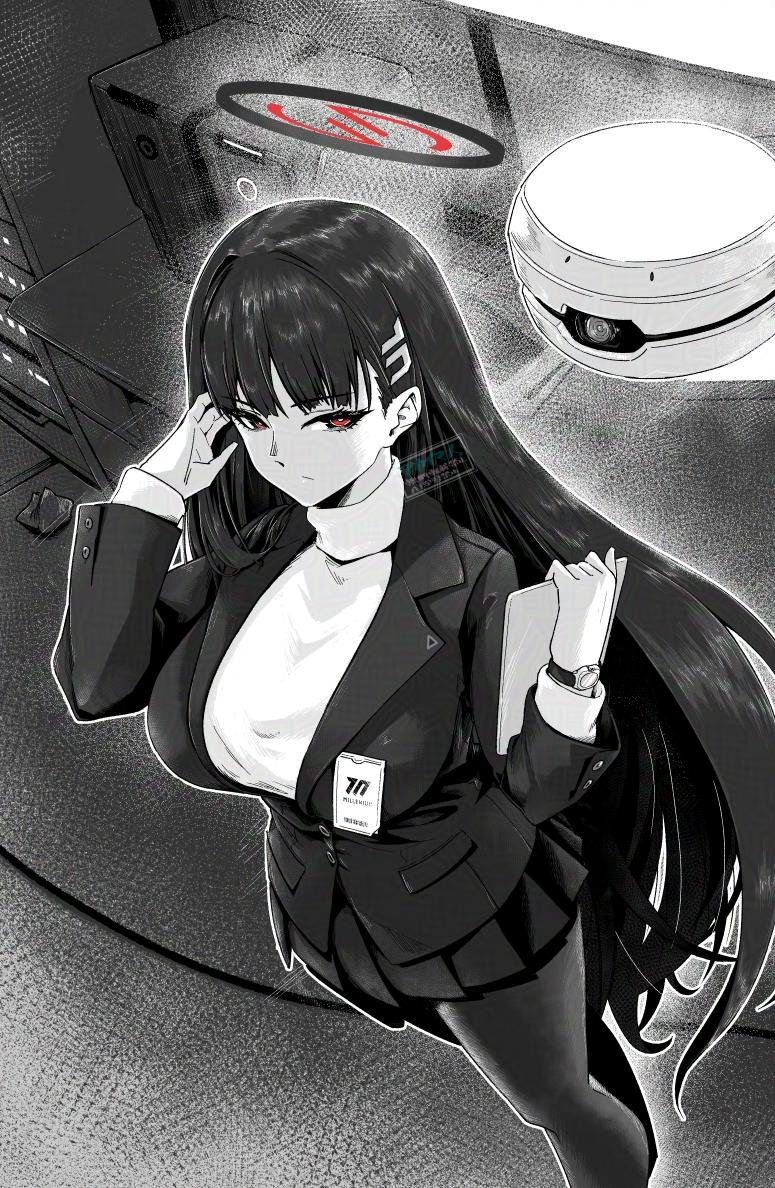 akaimame, rio (blue archive), blue archive, commentary request, 1girl, blazer, breasts, drone, greyscale, hair ornament, hairclip, halo, holding, holding tablet pc, jacket, large breasts, long hair, monochrome, pantyhose, pleated skirt, red eyes, skirt, solo, spot color, sweater, tablet pc, turtleneck, turtleneck sweater, watch, wristwatch