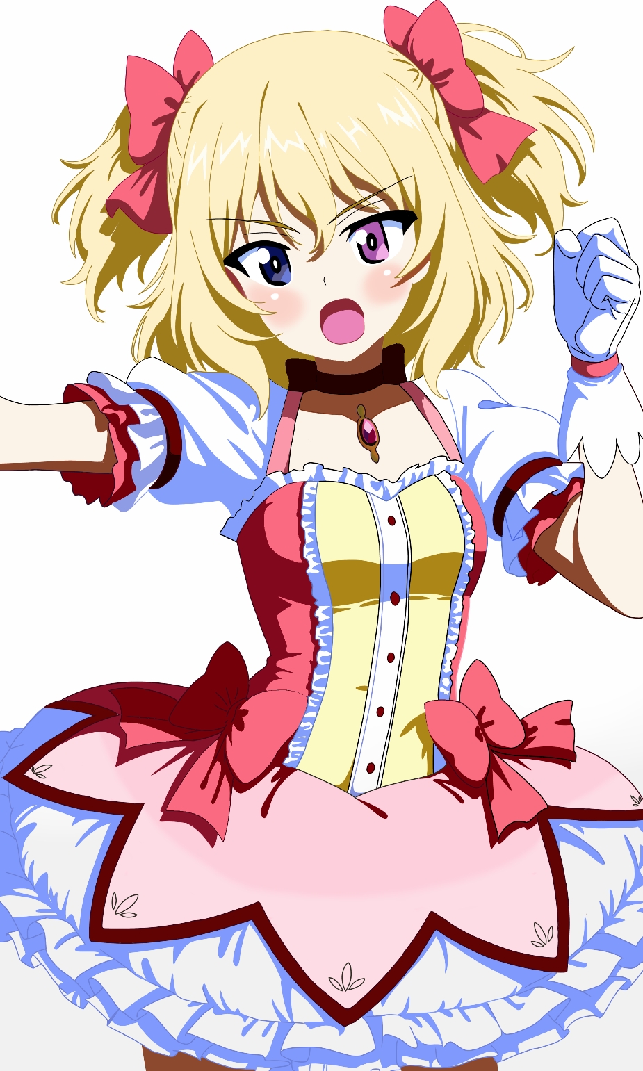 kaname madoka, kaname madoka (magical girl), oshida (girls und panzer), girls und panzer, mahou shoujo madoka magica, mahou shoujo madoka magica (anime), highres, black choker, blonde hair, chest jewel, choker, cosplay, dress, gloves, hair ribbon, heterochromia, jewelry, kaname madoka (cosplay), magical girl, messy hair, open mouth, red ribbon, ribbon, rukaoshidabc, twintails, white gloves