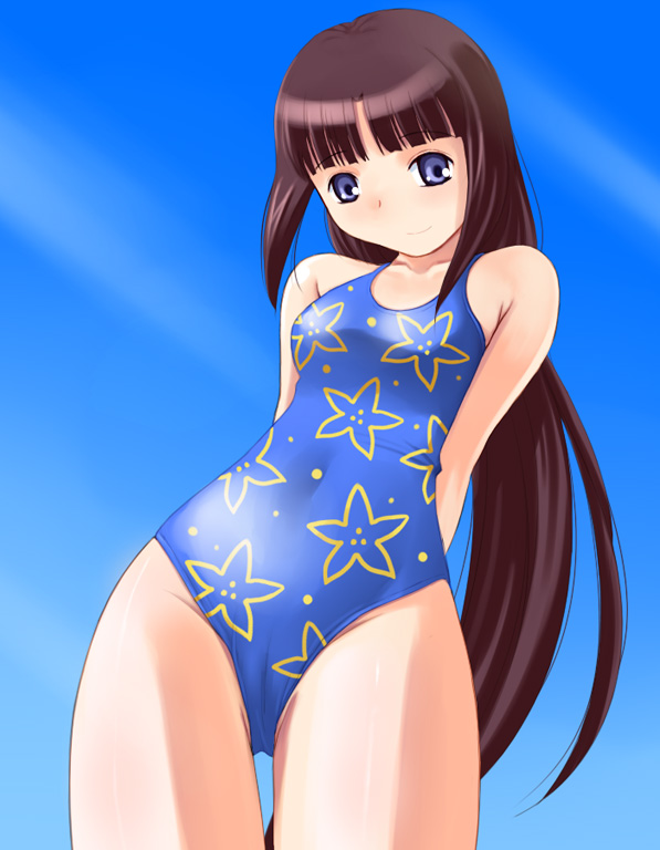 katatsuka kouji, tiffa adill, after war gundam x, gundam, bad id, bad pixiv id, 1girl, arms behind back, black hair, blue eyes, cameltoe, female focus, from below, gradient background, long hair, navel, one-piece swimsuit, smile, solo, swimsuit, thigh gap, thighs