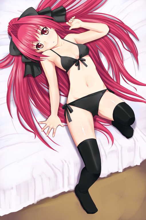 katatsuka kouji, corticarte apa lagranges, shinkyoku soukai polyphonica, 00s, 1girl, bed, bikini, blush, female focus, flat chest, from above, front-tie top, full body, hair intakes, hair ribbon, head tilt, long hair, lying, navel, on back, pink hair, ponytail, red eyes, red hair, ribbon, side-tie bikini bottom, solo, swimsuit, thighhighs, very long hair