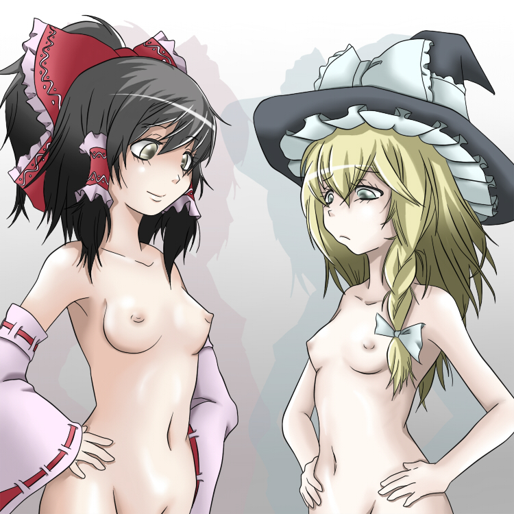 ao usagi, hakurei reimu, kirisame marisa, touhou, bad id, bad pixiv id, 2girls, black hair, blonde hair, bow, braid, breast envy, breasts, detached sleeves, female focus, frown, hair bow, half updo, hands on own hips, hat, japanese clothes, looking at breasts, miko, multiple girls, nipples, nude, out-of-frame censoring, shadow, small breasts, smile, witch hat