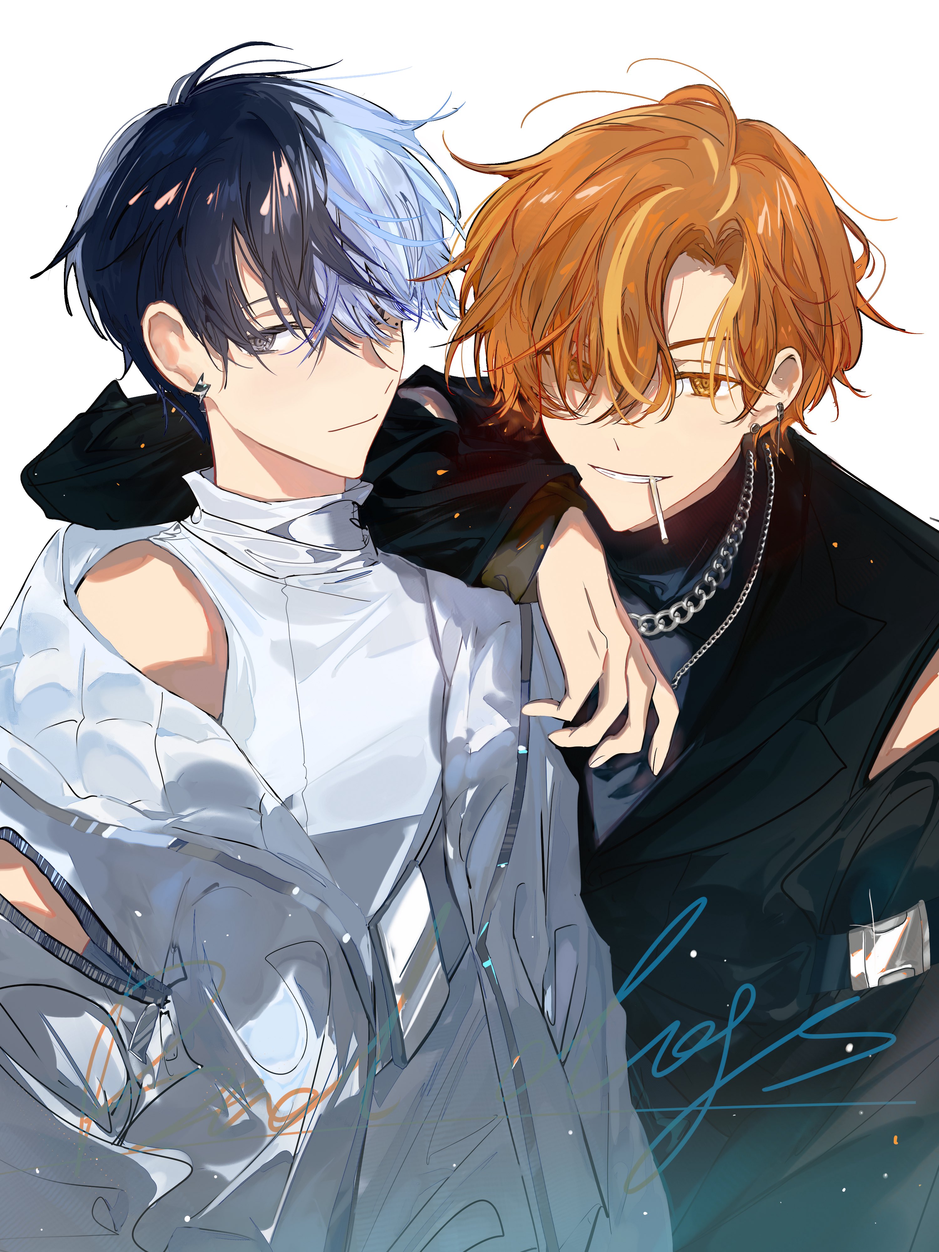 fwly yuuuuuuuz, aoyagi touya, shinonome akito, project sekai, absurdres, commentary, highres, symbol-only commentary, 2boys, arm on another's shoulder, bare shoulders, candy, chain, earrings, food, jewelry, lollipop, lollipop in mouth, long sleeves, multicolored hair, multiple boys, orange eyes, orange hair, shirt, smile, teeth, white background, white shirt