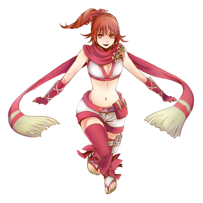 blockhouse, kunoichi (sengoku musou), sengoku musou, sengoku musou 3, brown eyes, brown hair, gloves, long hair, ponytail, sandals, scarf, shorts, thighhighs