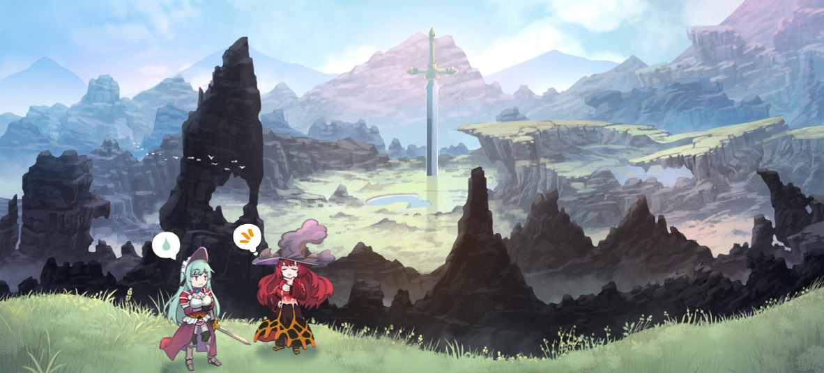 nagi itsuki, original, pixiv fantasia, pixiv fantasia revenge of the darkness, commentary request, 2girls, armor, bird, blue hair, blue sky, closed eyes, closed mouth, day, holding, holding sword, holding weapon, huge weapon, long hair, looking at another, multiple girls, open mouth, outdoors, red eyes, red hair, scenery, sky, smile, speech bubble, sword, thinking, thought bubble, weapon