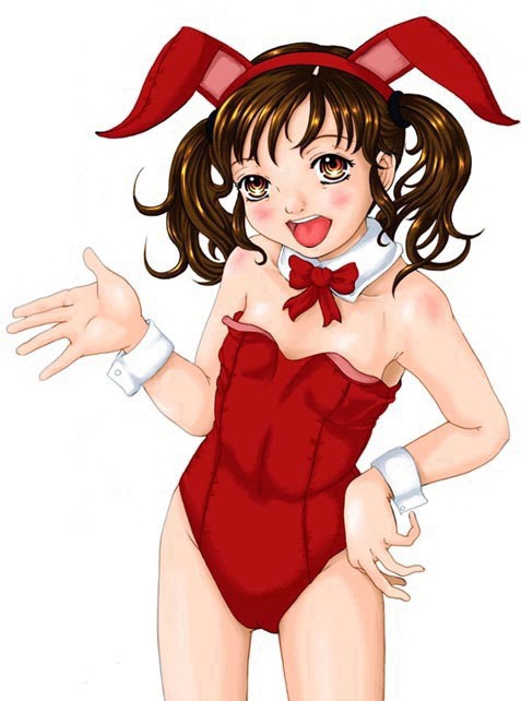 1girl, animal ears, blush, cameltoe, fake animal ears, female focus, leotard, loli, open mouth, playboy bunny, rabbit ears, red leotard, simple background, smile, solo, thigh gap, thighs, twintails, white background