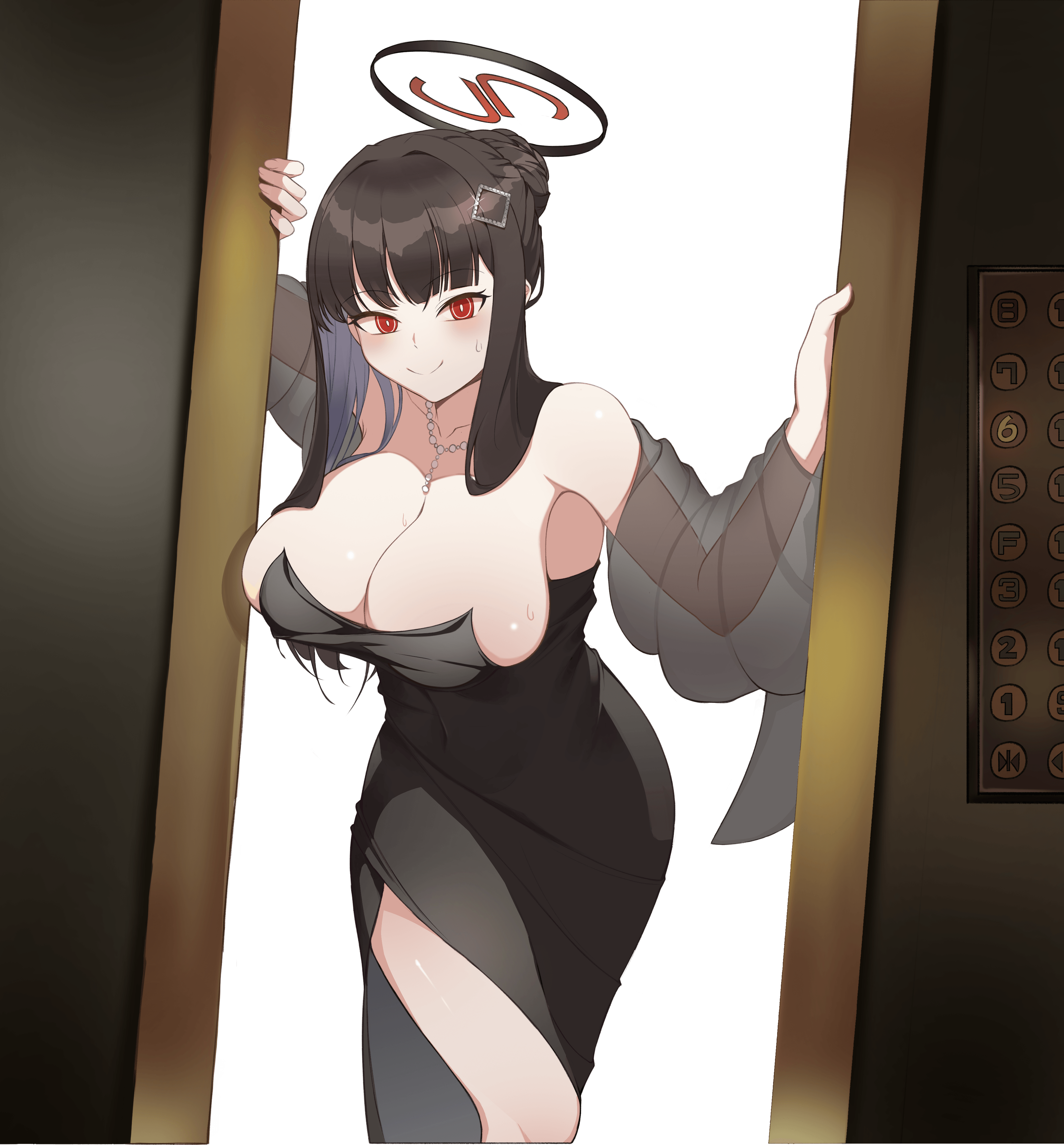 rolo6 4, rio (blue archive), blue archive, absurdres, commentary request, highres, 1girl, bare shoulders, bead necklace, beads, black dress, black hair, blush, breasts, cleavage, dress, elevator, hair ornament, halo, huge breasts, jewelry, long hair, looking at viewer, necklace, red eyes, ringed eyes, smile, solo, sweatdrop