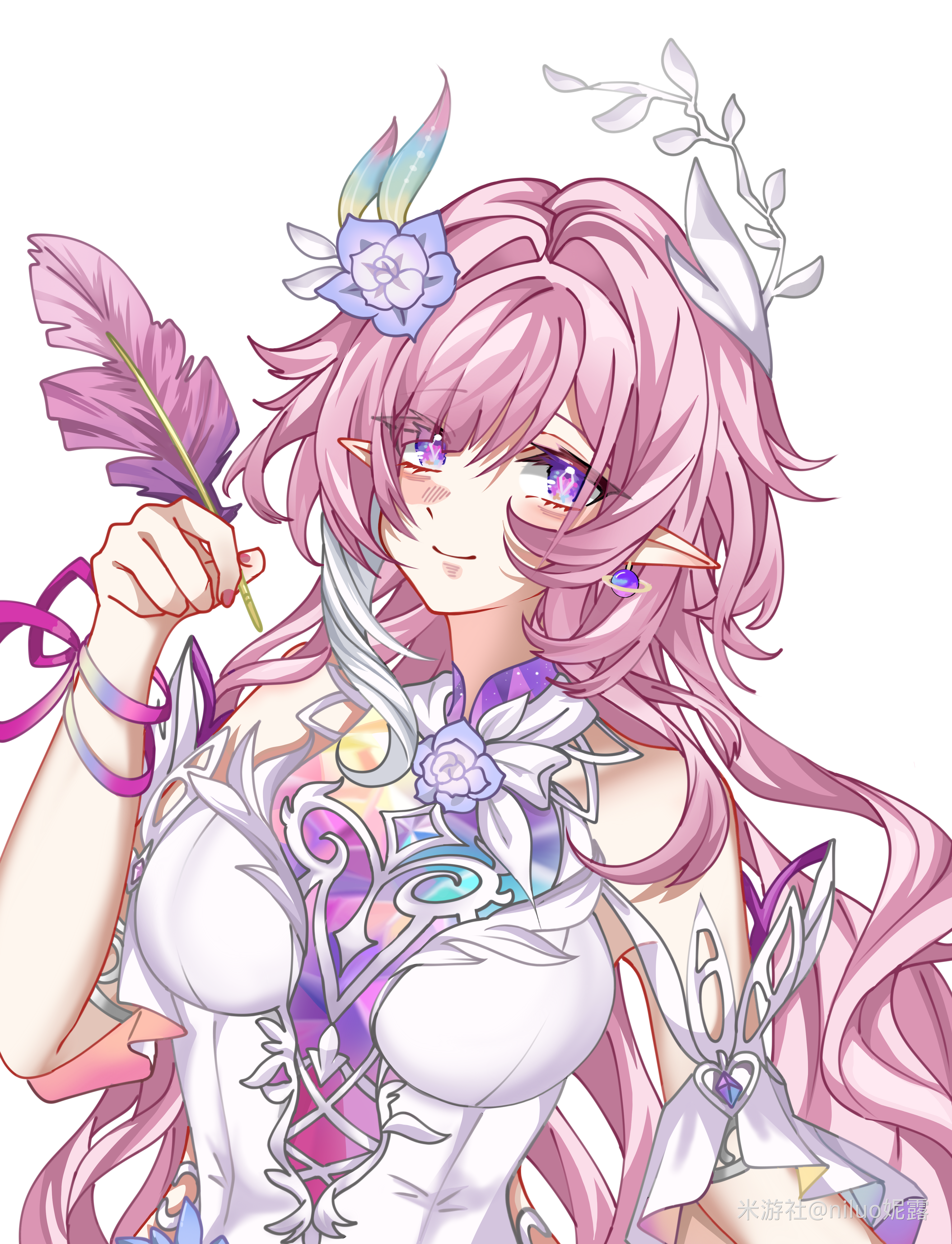 cyrene (demiurge) (honkai: star rail), cyrene (honkai: star rail), honkai: star rail, honkai (series), absurdres, chinese commentary, commentary request, highres, 1girl, bare shoulders, breasts, diamond-shaped pupils, diamond (shape), dress, flower, hair flower, hair ornament, holding, holding quill, large breasts, long hair, looking at viewer, miyoushe watermark, multicolored hair, niluo ni lu, pink hair, pointy ears, purple eyes, quill, simple background, smile, solo, symbol-shaped pupils, two-tone hair, upper body, very long hair, watermark, white background, white dress, white hair