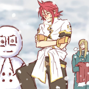 jade curtiss, luke fon fabre, tales of (series), tales of the abyss, lowres, tagme, 00s, blush, breath, cold, red hair, snow, snowman, winter