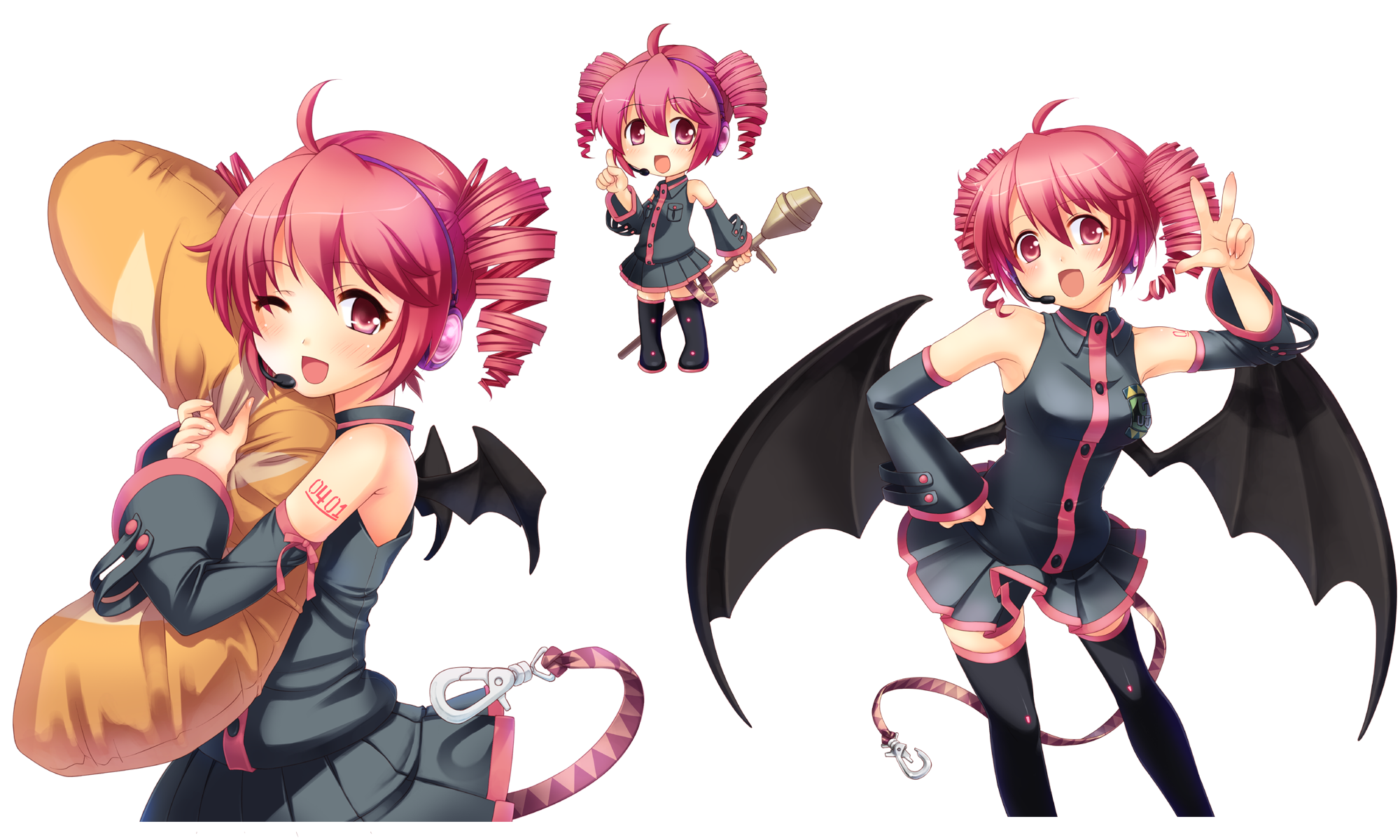 binzoko megane (san-inch), yumeno mikan, kasane teto, kasane teto (utau), utau, vocaloid, bad id, bad pixiv id, highres, 1girl, ahoge, baguette, bat wings, belt, blush, bread, chibi, demon girl, detached sleeves, drill hair, food, full body, hand on own hip, headset, high-explosive anti-tank (warhead), hip focus, hugging object, man-portable anti-tank systems, one eye closed, open mouth, panzerfaust, pillow, pillow hug, pointing, recoilless gun, red eyes, red hair, skirt, smile, thighhighs, transparent background, twin drills, twintails, v, wings, wink, zettai ryouiki