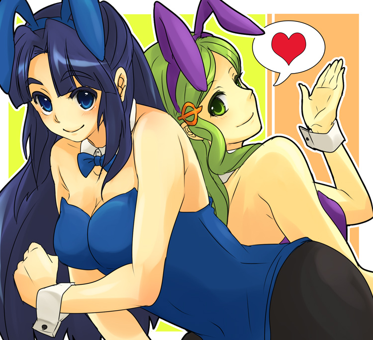 eringi oishii, asakura ryoko, kimidori emiri, suzumiya haruhi no yuuutsu, 00s, 2girls, animal ears, back-to-back, blue eyes, blue hair, blush, bow, bowtie, breasts, cleavage, fake animal ears, green eyes, green hair, heart, long hair, looking back, multiple girls, pantyhose, playboy bunny, rabbit ears, smile, very long hair, waving, wing collar, wrist cuffs