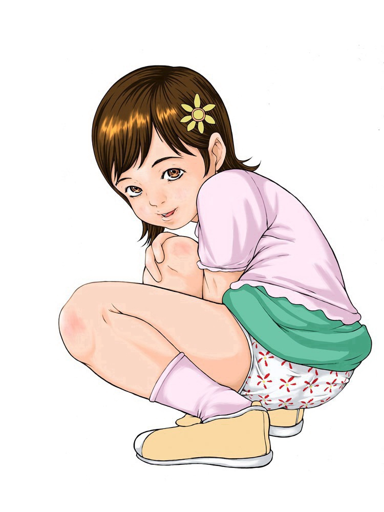 takei shikin, 1girl, brown eyes, brown hair, clothes lift, daisy (flower), female focus, flower, loli, looking at viewer, matching hair/eyes, panties, short hair, simple background, skirt, skirt lift, smile, solo, squatting, sunflower, underwear, white background