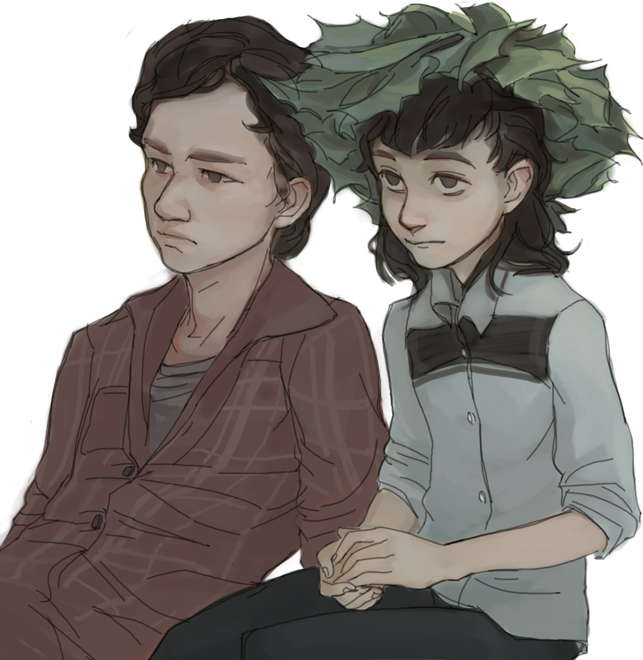 feason, original, commentary, english commentary, highres, 1boy, 1girl, black eyes, black hair, blue shirt, closed mouth, empty eyes, hair ornament, leaf, leaf hair ornament, leaf on head, red shirt, shirt, sitting, upper body, white background