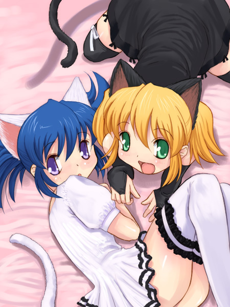 katatsuka kouji, original, 2girls, all fours, animal ears, cat ears, cat tail, fingerless gloves, gloves, multiple girls, tail, thighhighs