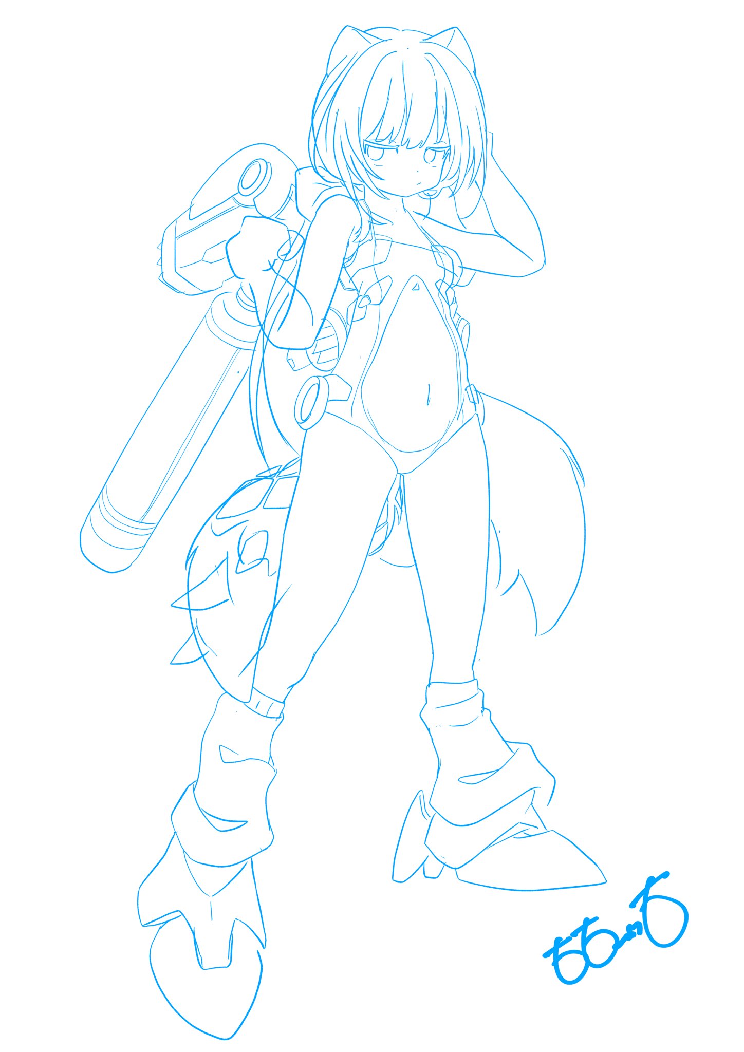 totomoto, original, highres, 1girl, adjusting hair, artist name, blue theme, blunt bangs, breasts, closed mouth, clothing cutout, colored lineart, dot mouth, dot nose, embarrassed, fox tail, full body, leotard, lineart, monochrome, multiple tails, navel, navel cutout, sidelocks, signature, simple background, small breasts, solo, standing, tail, tube socks, white background