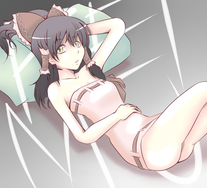 ao usagi, hakurei reimu, touhou, 1girl, arm behind head, bare shoulders, black hair, bottomless, bow, dress, female focus, hair bow, hair tubes, lying, on back, pillow, short dress, solo, strapless, strapless dress, tube dress