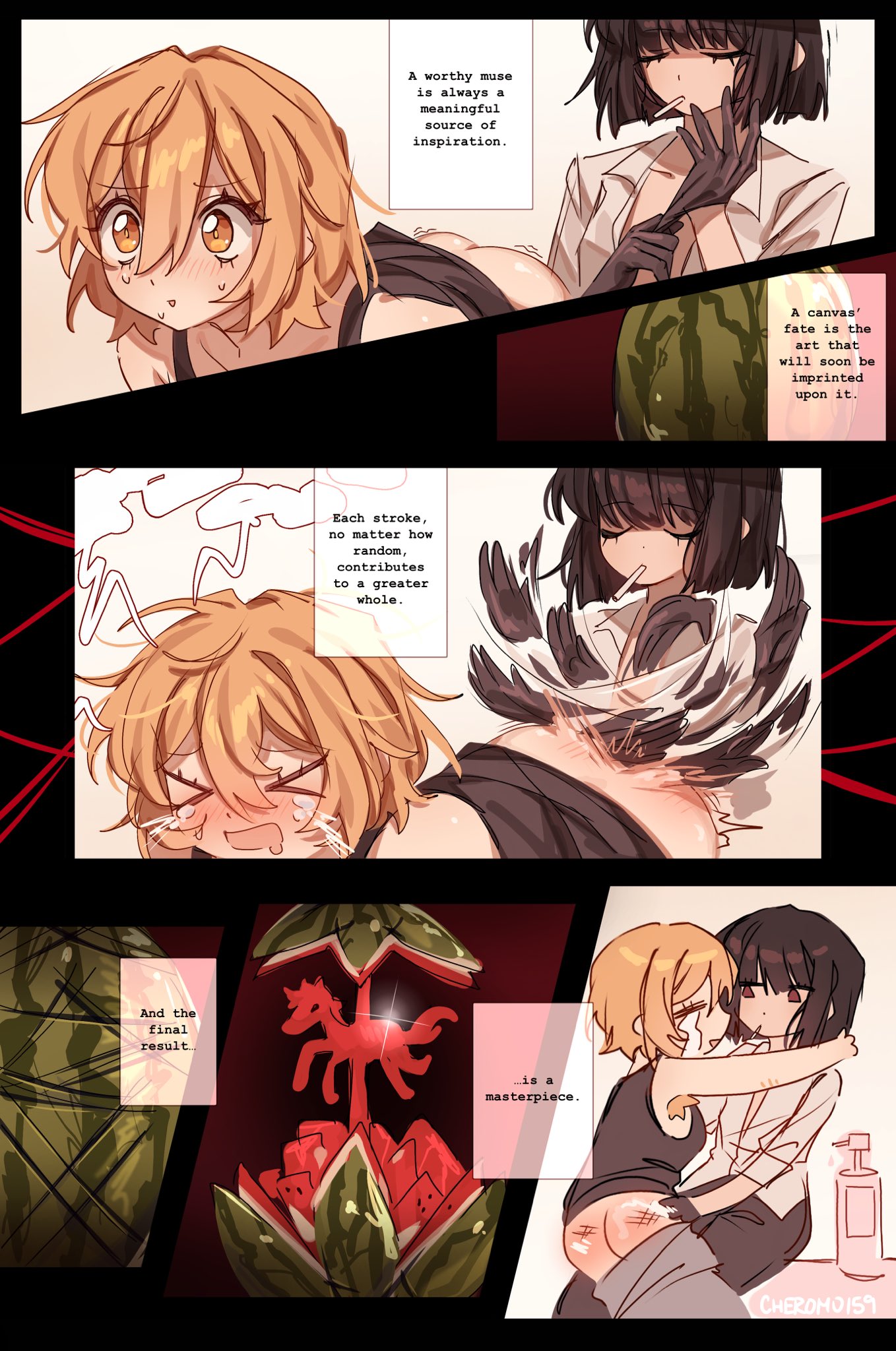 cheromo159, don quixote (project moon), ryoshu (project moon), limbus company, project moon, commentary, english commentary, highres, > <, 2girls, all fours, alternate costume, ass, black gloves, black hair, black shirt, black tank top, blonde hair, brown eyes, cigarette, crying, english text, food, fruit, gloves, hat, hug, looking at another, medium hair, multiple girls, open mouth, shirt, spanked, spanking, tank top, watermelon, white shirt, yellow eyes, yuri