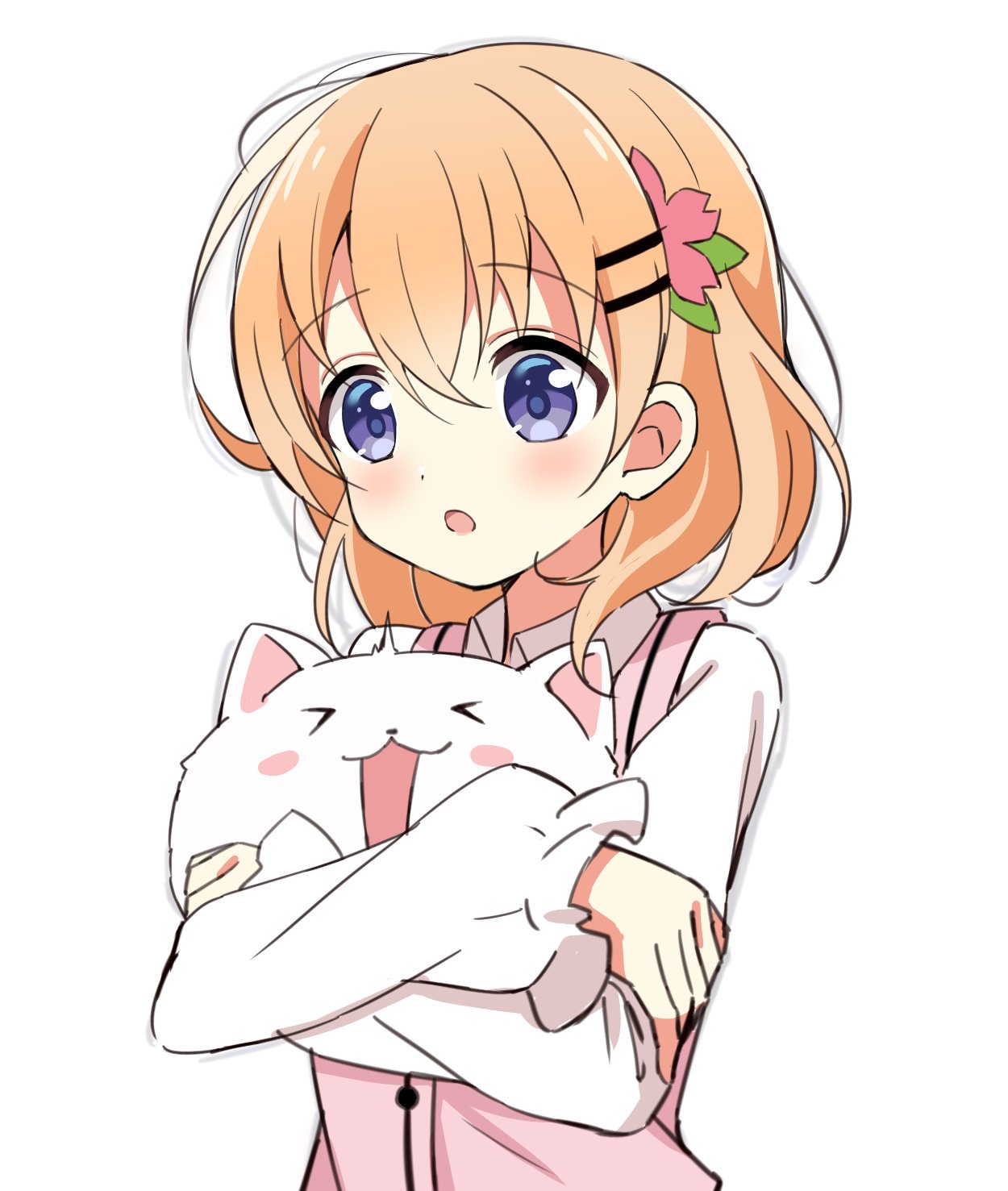 spesium zeperion, hoto cocoa, tippy (gochiusa), commentary, highres, > <, 1girl, :3, :o, angora rabbit, animal, apron, blush stickers, bright pupils, buttons, collared shirt, crossed arms, d:, dot nose, drop shadow, flower, hair between eyes, hair flower, hair ornament, hairclip, holding, holding animal, holding rabbit, koi (koisan) (style), light blush, long sleeves, lower lip only, medium hair, multiple hair clips, open mouth, orange hair, pink apron, pink lips, puffy long sleeves, puffy sleeves, purple eyes, purple pupils, rabbit, rabbit house uniform, shirt, shouting, simple background, sketch, solo, twitching, white background, white shirt, winter uniform
