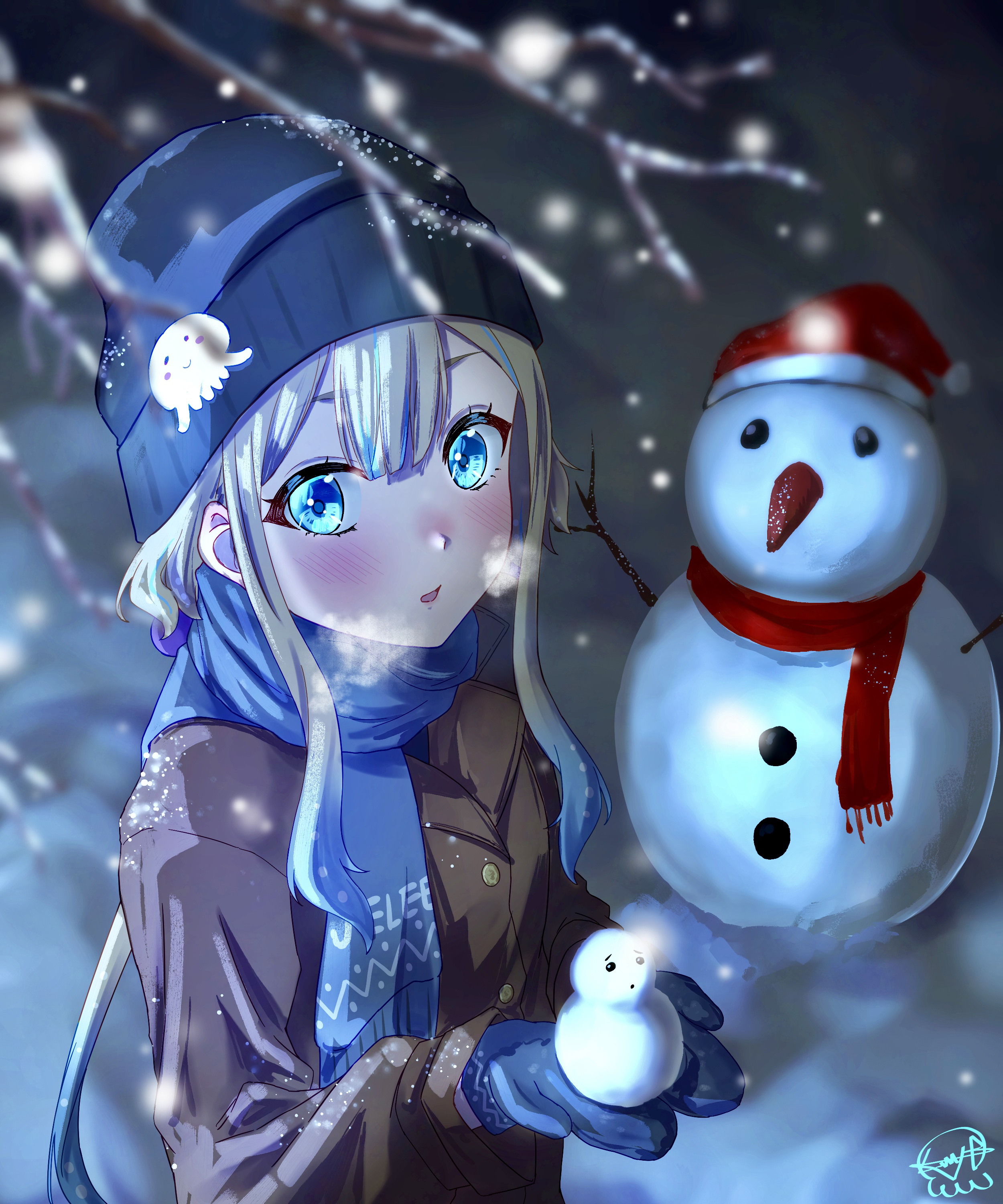 mutsuki (mutsuki0110), jelee-chan, yoru no kurage wa oyogenai, absurdres, commentary, highres, symbol-only commentary, 1girl, beanie, black hat, blonde hair, blue eyes, blue mittens, blue scarf, blue streaks, blush, breath, brown coat, coat, hat, long hair, mittens, night, open mouth, outdoors, scarf, sidelocks, snow, snowman