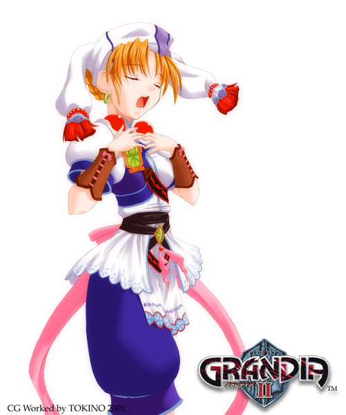 tokino, elena (grandia), game arts, grandia, grandia ii, 1girl, closed eyes, copyright name, earrings, female focus, headscarf, jewelry, logo, music, singing, solo, white headscarf