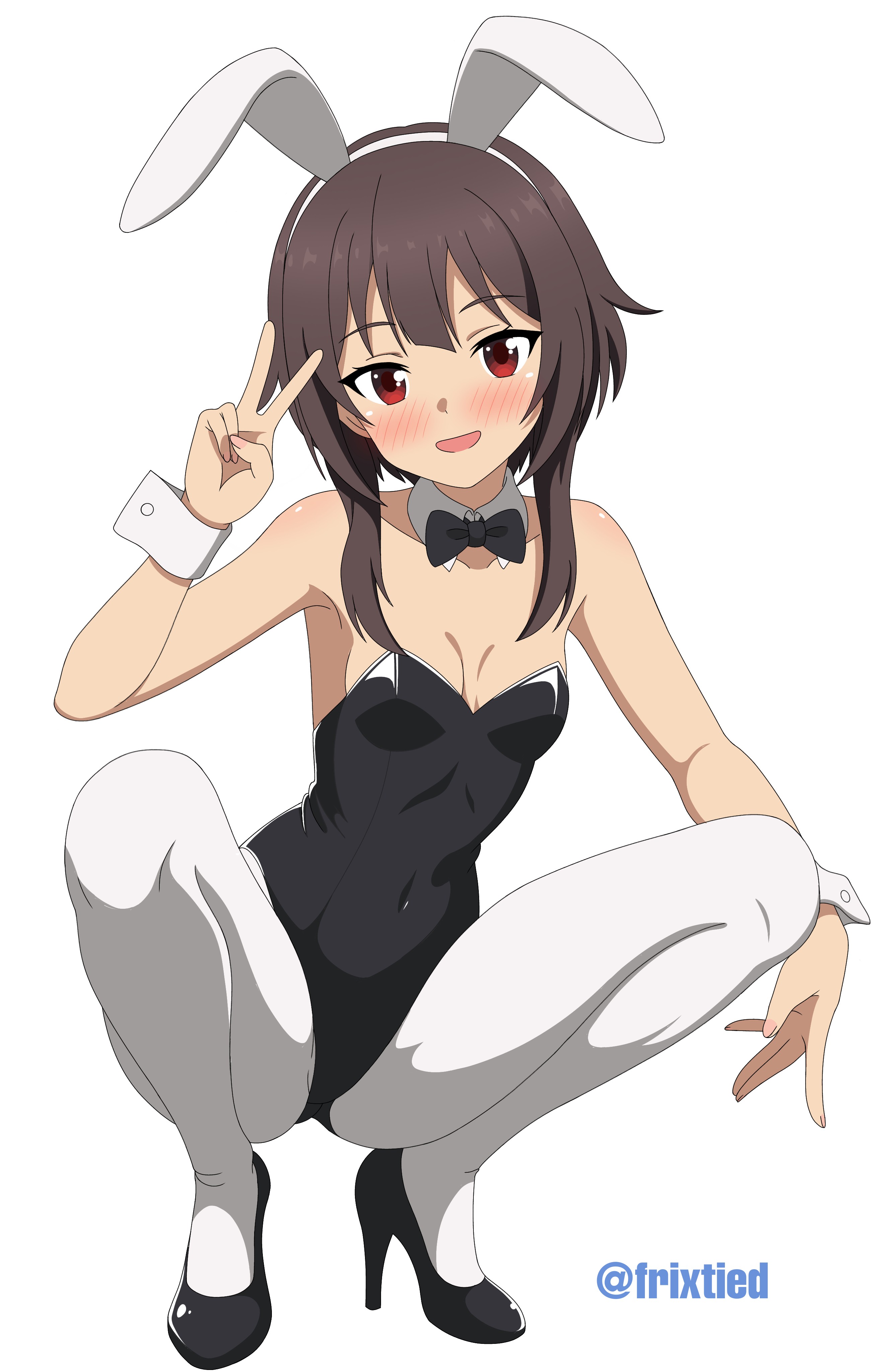 frixtied, megumin, kono subarashii sekai ni shukufuku wo!, absurdres, commentary, highres, 1girl, alternate costume, animal ear hairband, animal ears, bare shoulders, black bow, black bowtie, black hair, black leotard, black shoes, blush, bow, bowtie, breasts, collar, covered navel, detached collar, fake animal ears, full body, hairband, hand up, high heels, highleg, highleg leotard, leotard, looking at viewer, open mouth, pantyhose, playboy bunny, rabbit ear hairband, rabbit ears, red eyes, shoes, short hair with long locks, simple background, small breasts, smile, solo, squatting, strapless, strapless leotard, twitter username, v, white background, white collar, white pantyhose, white wrist cuffs, wrist cuffs