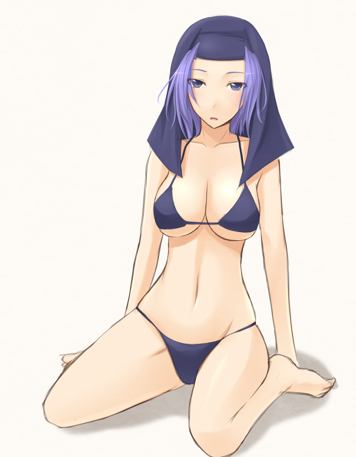 akitsuki karasu, kumoi ichirin, touhou, 1girl, barefoot, bikini, blue eyes, blue hair, breasts, female focus, kneeling, matching hair/eyes, short hair, solo, swimsuit, veil, white background