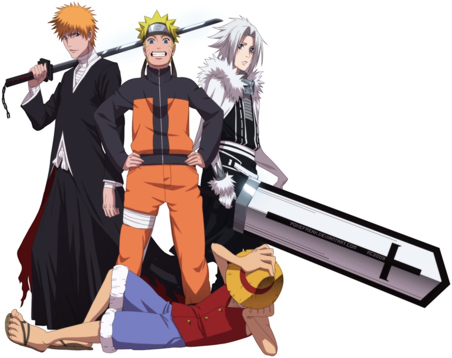 pokefreak, allen walker, kurosaki ichigo, monkey d. luffy, uzumaki naruto, bleach, d.gray-man, one piece, shounen jump, naruto, silver hair, wallpaper, 4boys, bandages, black hair, blonde hair, blue eyes, brown eyes, company connection, crossover, forehead protector, gloves, grin, hachimaki, hat, headband, jacket, japanese clothes, kimono, long hair, multiple boys, orange hair, ponytail, sandals, short hair, shorts, sitting, smile, straw hat, sword, weapon
