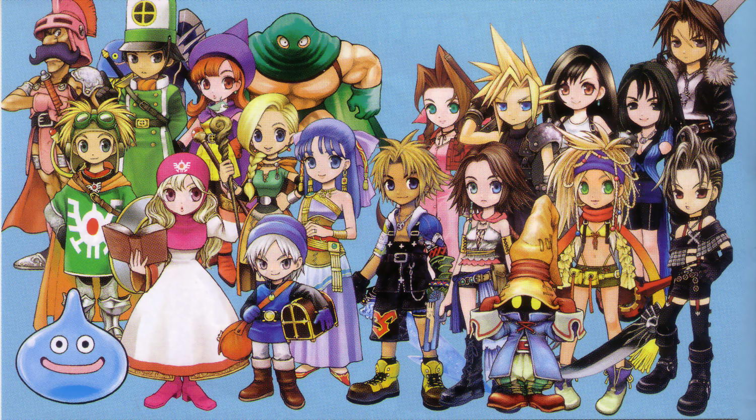 aerith gainsborough, alena (dq4), bianca (dq5), clift, cloud strife, flora (dq5), healslime, kandar, paine, paine (ff10), prince of samantoria, princess of moonbrook, rikku (ff10), rinoa heartilly, ryan (dq4), slime (dragon quest), squall leonhart, terry (dq6), tidus, tifa lockhart, vivi ornitier, yuna, yuna (ff10), dragon quest, dragon quest ii, dragon quest iii, dragon quest iv, dragon quest v, final fantasy, final fantasy ix, final fantasy vii, final fantasy viii, final fantasy x, final fantasy x-2, itadaki street, 1980s (style), annotated, official art, 00s, 1990s (style), 6+boys, 6+girls, armor, axe, bikini, bikini top only, black hair, blonde hair, blue eyes, blue hair, book, boots, bracelet, braid, brown hair, buster sword, cape, crossover, dress, facial hair, fingerless gloves, gloves, green eyes, grey hair, gun, helmet, hood, jewelry, knife, long dress, long hair, miniskirt, multiple boys, multiple girls, mustache, oldschool, pantyhose, pink dress, purple eyes, red eyes, red hair, retro artstyle, scarf, short hair, shorts, single braid, skirt, staff, swimsuit, sword, weapon