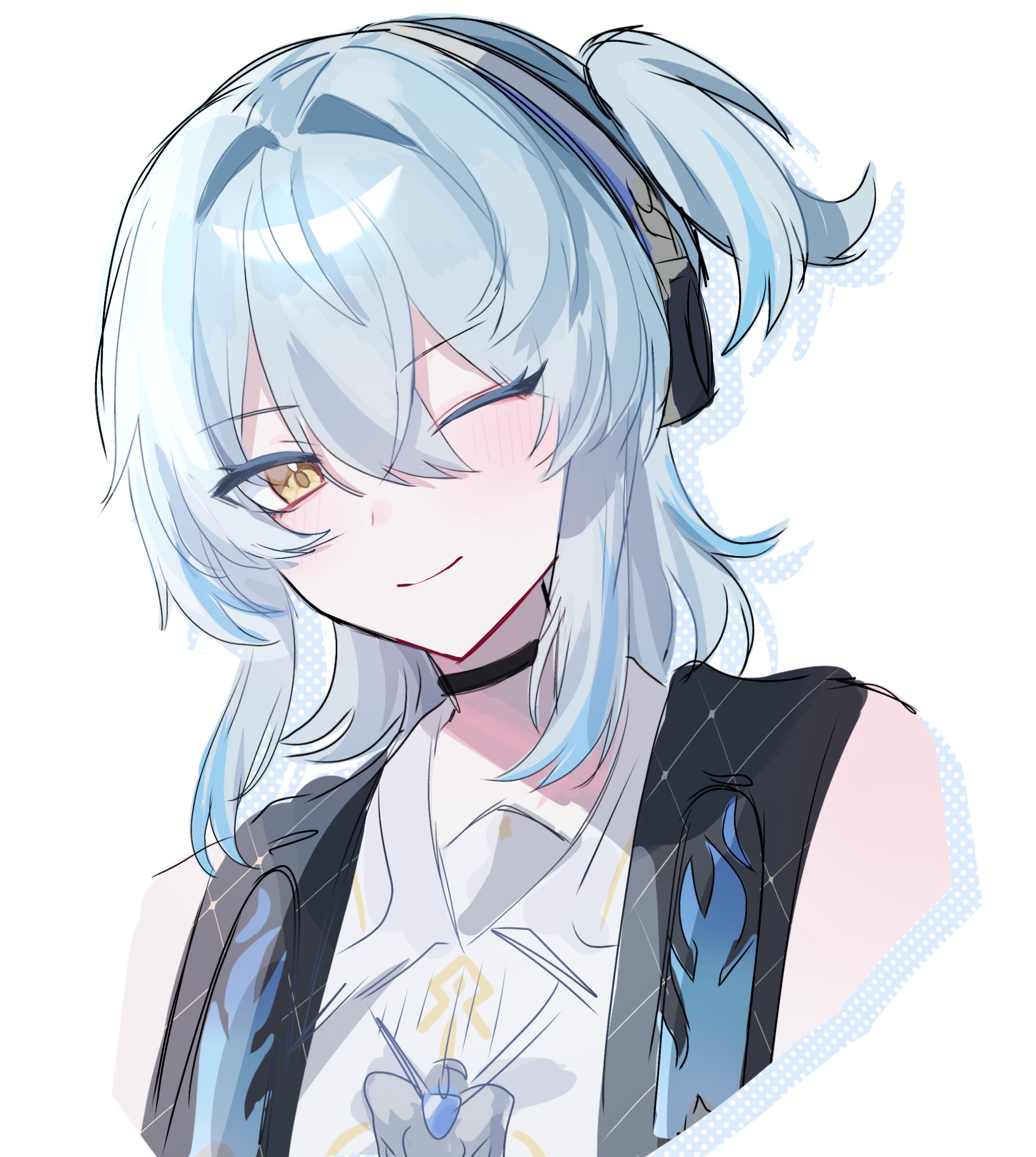 buling (wuthering waves), wuthering waves, commentary request, highres, 1girl, bare shoulders, black choker, blue hair, choker, closed mouth, hair between eyes, headphones, long hair, looking at viewer, one eye closed, side ponytail, smile, solo, soyogi nrso, upper body, yellow eyes