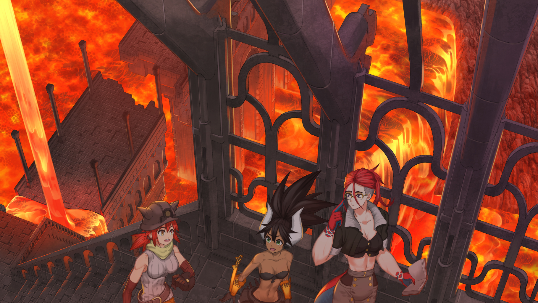 nagi itsuki, original, pixiv fantasia, pixiv fantasia mountain of heaven, commentary request, highres, 3girls, bandeau, bare shoulders, black bandeau, black eyes, black hair, book, breasts, brown pants, cleavage, closed mouth, collarbone, crop top, dark-skinned female, dark skin, dragon girl, dragon horns, glasses, green eyes, hair between eyes, holding, holding book, horns, index finger raised, large breasts, lava, looking at another, medium breasts, medium hair, multiple girls, navel, open mouth, pants, railing, red eyes, red hair, ribbed sweater, scenery, short hair, sleeveless, sleeveless sweater, smile, stairs, sweater
