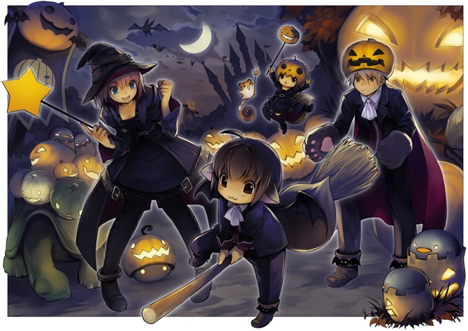 kawasumi (japonica), game arts, grandia, grandia online, official art, 2boys, 2girls, animal ears, bat (animal), broom, brown hair, halloween, jack-o'-lantern, moon, multiple boys, multiple girls, pumpkin