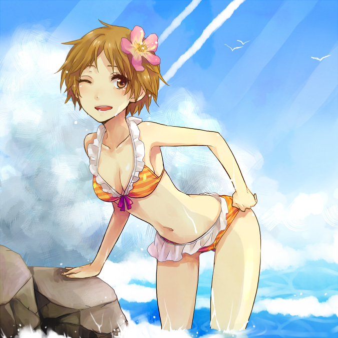 tayako, hanamura yousuke, atlus, persona, persona 4, bad id, bad pixiv id, 1girl, adjusting clothes, adjusting swimsuit, bikini, brown eyes, brown hair, day, female focus, flower, frilled bikini, frills, genderswap, genderswap (mtf), leaning forward, outdoors, rock, short hair, sky, solo, striped bikini, striped clothes, swimsuit, wading, water