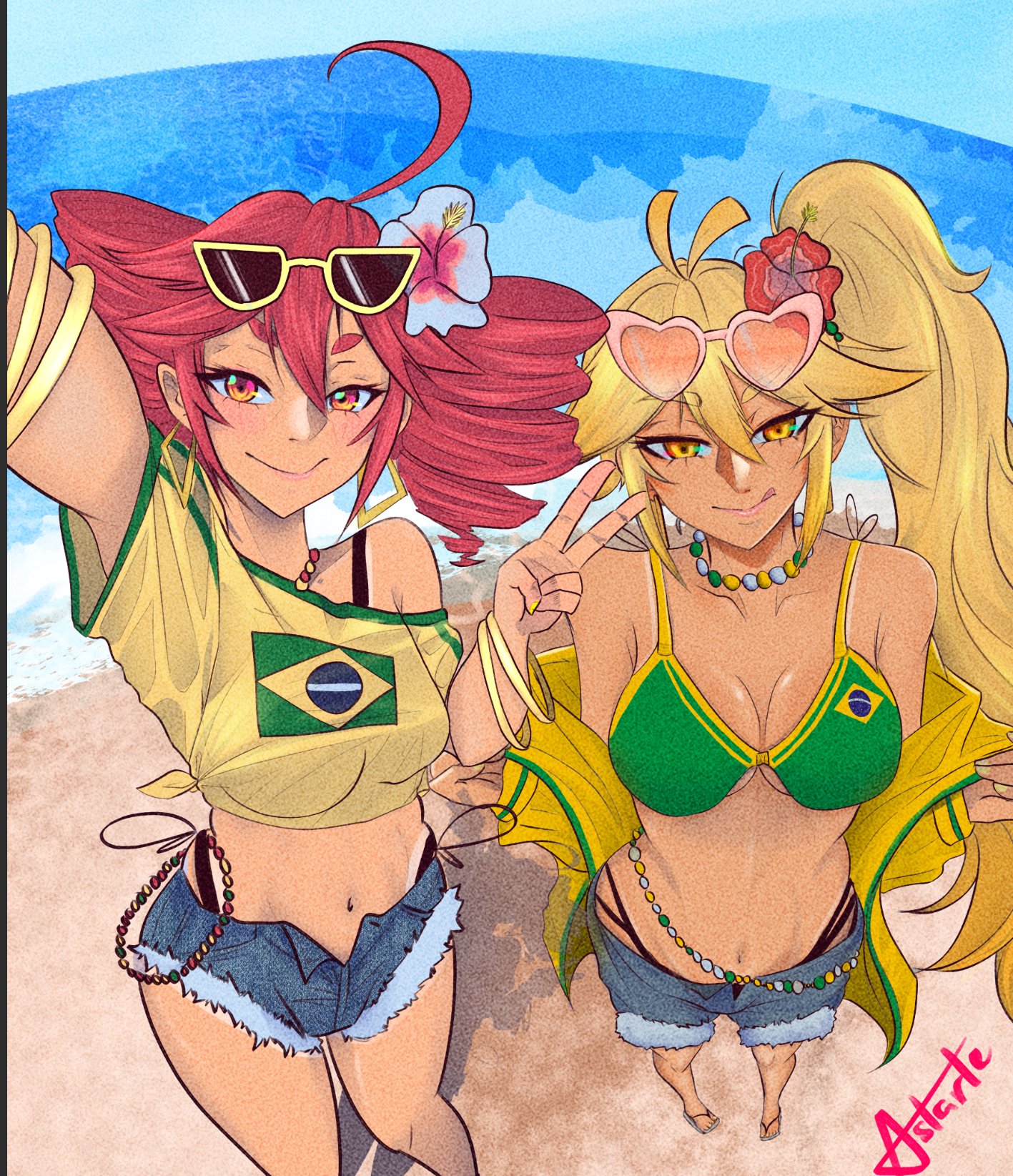 astartefrost, akita neru, brazilian miku, hatsune miku, kasane teto, utau, vocaloid, commentary, english commentary, highres, 1girl, antenna hair, blonde hair, bra, brazilian flag, brazilian flag print, brazilian miku (cosplay), closed mouth, cosplay, drill hair, flag print, flower, hair between eyes, hair flower, hair ornament, long hair, looking at viewer, midriff, multiple girls, navel, red eyes, red hair, shirt, short shorts, shorts, side ponytail, smile, solo, tan, twin drills, underwear, v, yellow eyes, yellow shirt