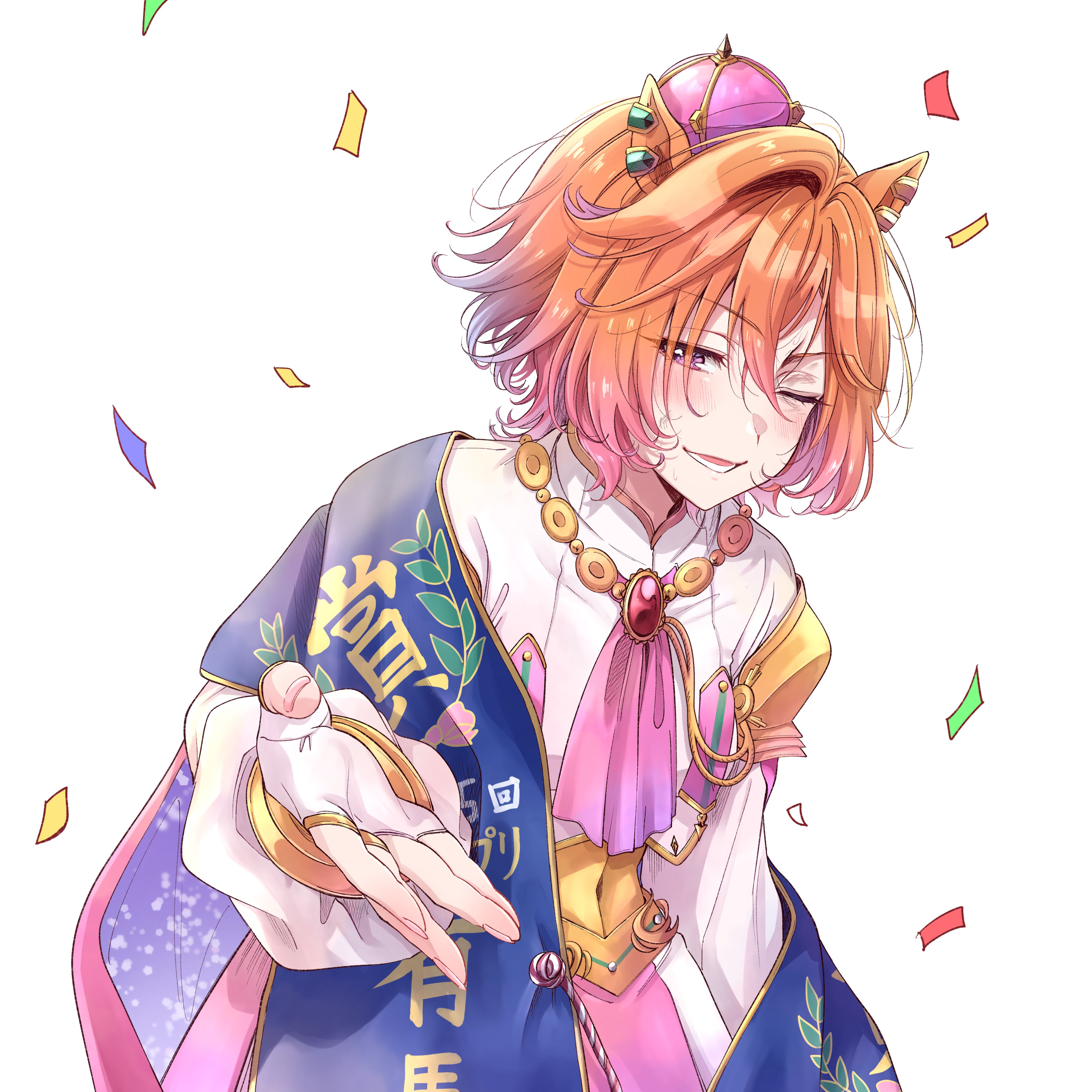 akari 0313, arima kinen, t.m. opera o (o sole suo!) (umamusume), t.m. opera o (umamusume), umamusume, absurdres, commentary request, highres, 1girl, animal ears, armor, blush, breasts, cape, confetti, crown, ear ornament, fingerless gloves, gloves, gold corset, hair between eyes, horse ears, horse girl, jewelry, long sleeves, looking at viewer, mini crown, multiple rings, one eye closed, open mouth, orange hair, pink cape, pink crown, purple eyes, reaching, reaching towards viewer, ring, shirt, short hair, shoulder armor, skirt, smile, solo, two-tone skirt, white gloves