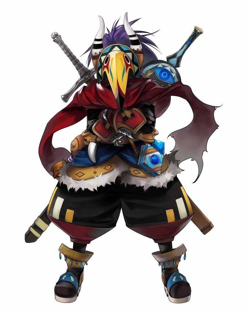 game arts, grandia, grandia online, official art, horns, mask, purple hair, sword, weapon