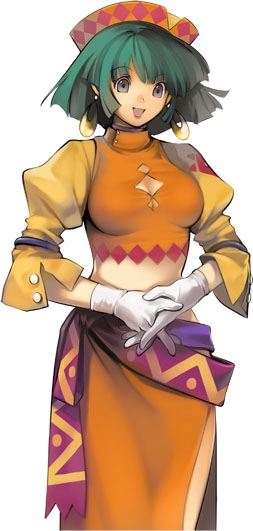 kawasumi (japonica), game arts, grandia, grandia online, official art, 1girl, earrings, female focus, gloves, green hair, grey eyes, hat, jewelry, midriff, solo, white gloves
