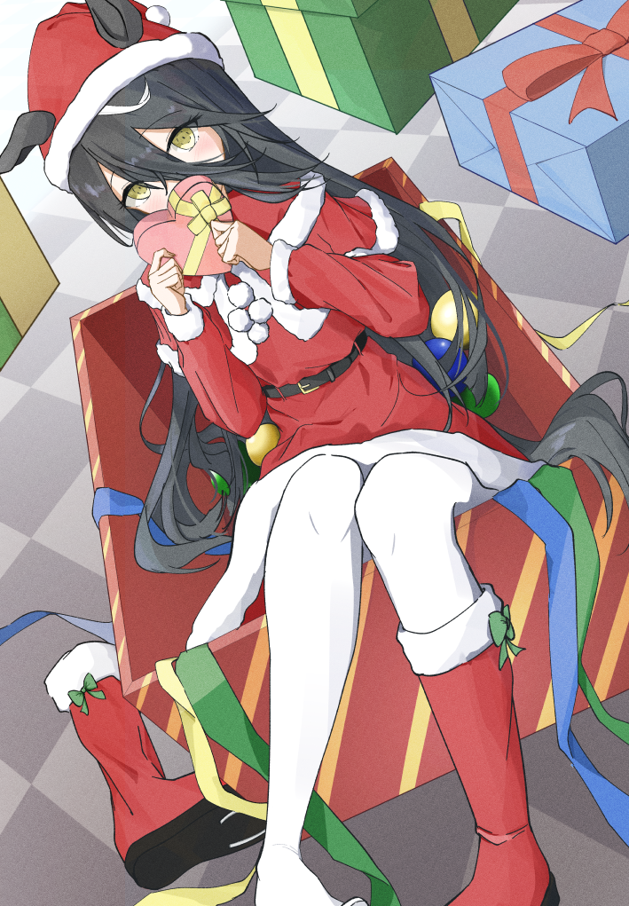 ka ga chi, manhattan cafe (umamusume), umamusume, commentary request, 1girl, animal ears, black hair, blush, boots, box, capelet, covering own mouth, dress, fur trim, gift, gift box, hair between eyes, hat, heart-shaped box, holding, holding box, horse ears, horse girl, horse tail, in box, in container, knee boots, long hair, pantyhose, red boots, red capelet, red dress, red hat, santa costume, santa dress, santa hat, single boot, solo, tail, white pantyhose, yellow eyes