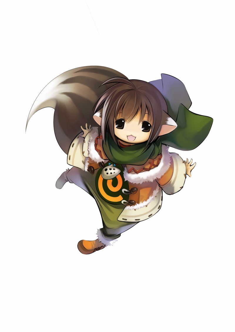 kawasumi (japonica), game arts, grandia, grandia online, gender request, official art, androgynous, animal ears, brown eyes, brown hair, full body, solo, tail, white background