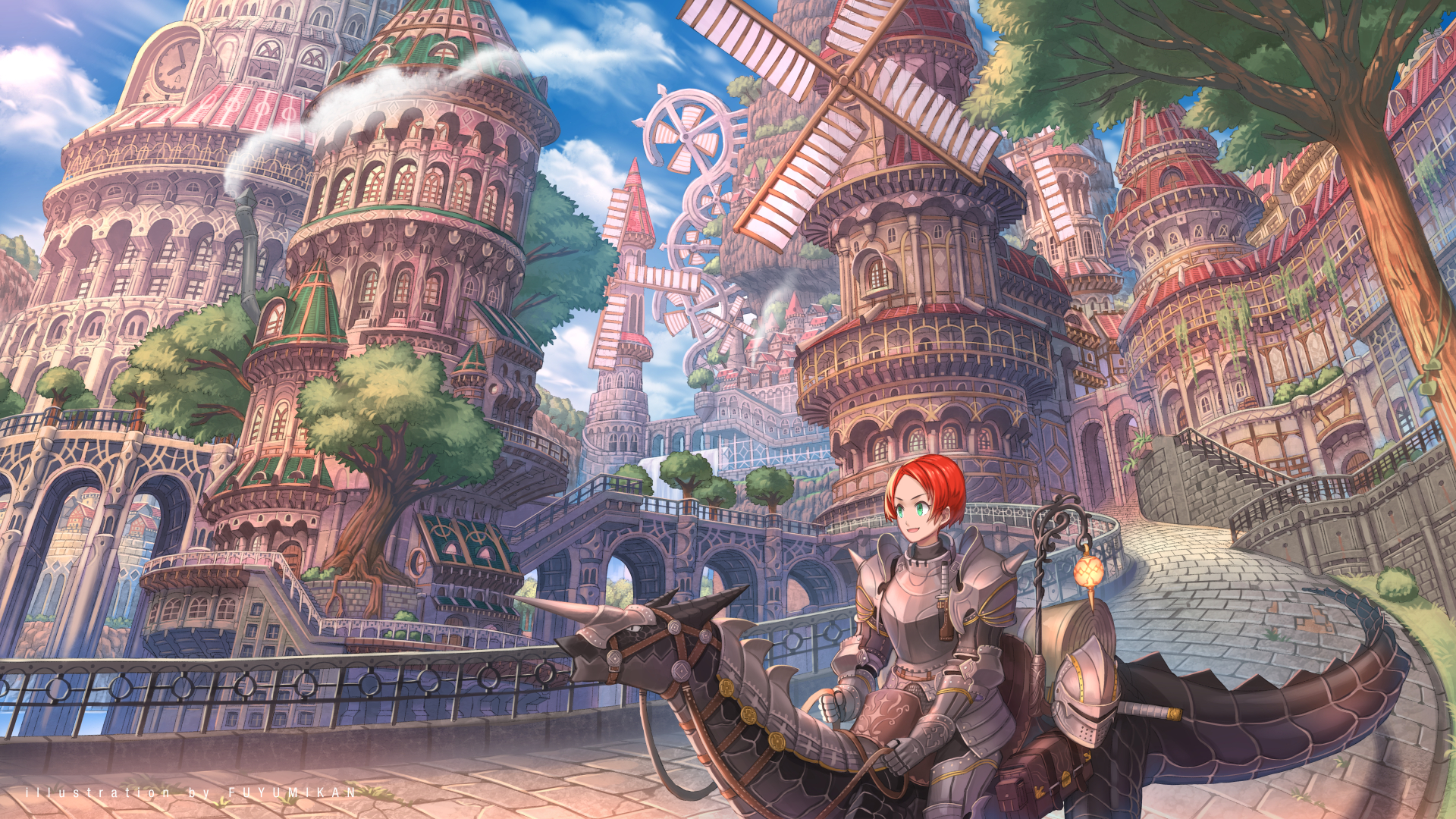 nagi itsuki, original, commentary request, highres, 1girl, armor, artist name, blue eyes, blue sky, bridge, clock, clock tower, cloud, day, fantasy, grass, helmet, open mouth, outdoors, parted bangs, railing, red hair, scenery, short hair, sitting, sky, smile, smoke, solo, stairs, tower, tree, unworn headwear, unworn helmet, windmill, window