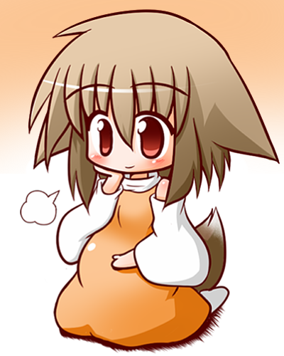 kuryu (turedure), lowres, 1girl, animal ears, blush, brown hair, chibi, female focus, gradient background, kneeling, pregnant, red eyes, smile, solo, tail