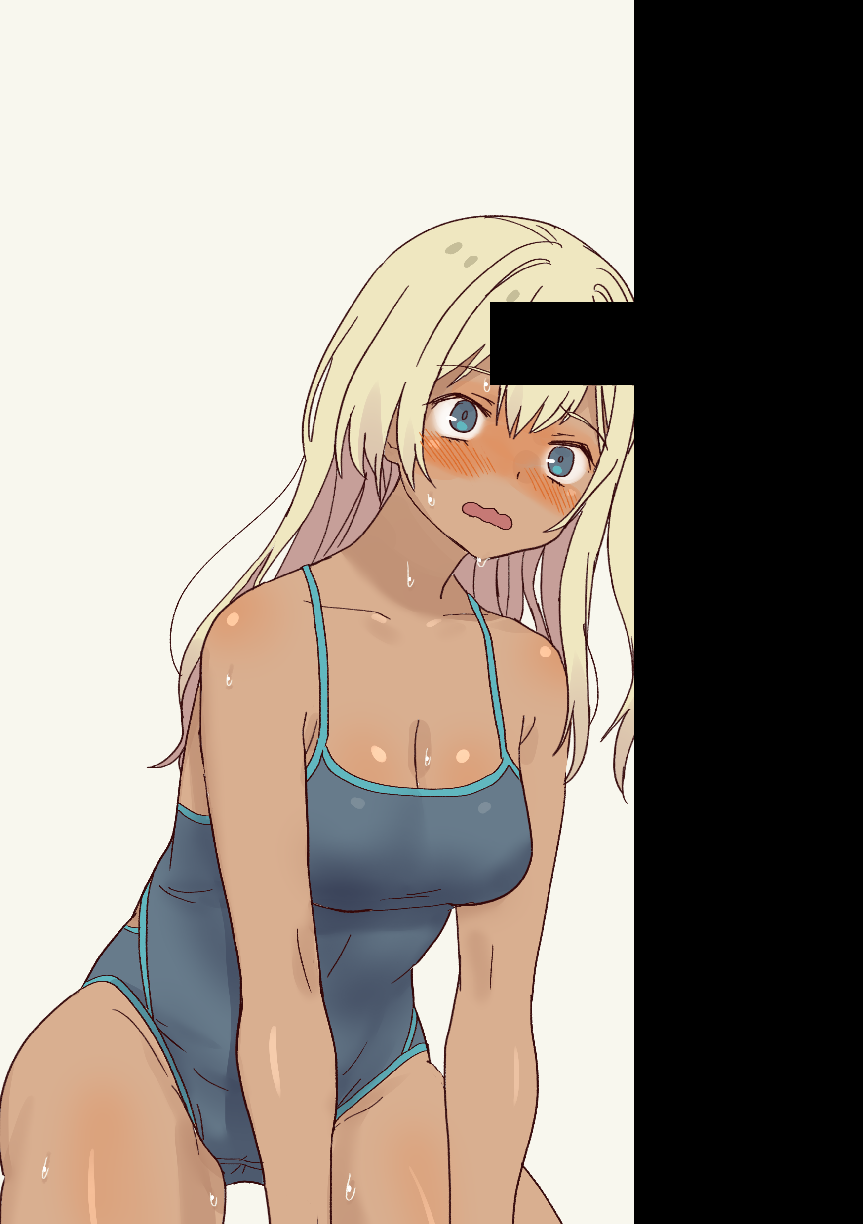 daipunch, galzaki-san (daipunch), original, absurdres, highres, 1girl, bar censor, blonde hair, blue eyes, blush, breasts, censored, competition swimsuit, dark-skinned female, dark skin, large breasts, long hair, one-piece swimsuit, penis awe, sexually suggestive, sweat, swimsuit