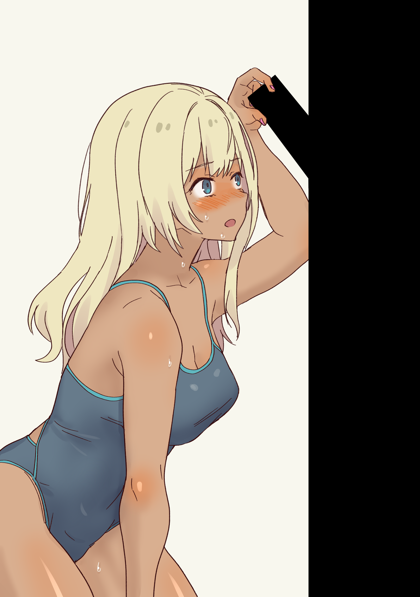 daipunch, galzaki-san (daipunch), original, absurdres, highres, 1girl, bar censor, blonde hair, blue eyes, blush, breasts, censored, competition swimsuit, dark-skinned female, dark skin, large breasts, long hair, one-piece swimsuit, sexually suggestive, sweat, swimsuit