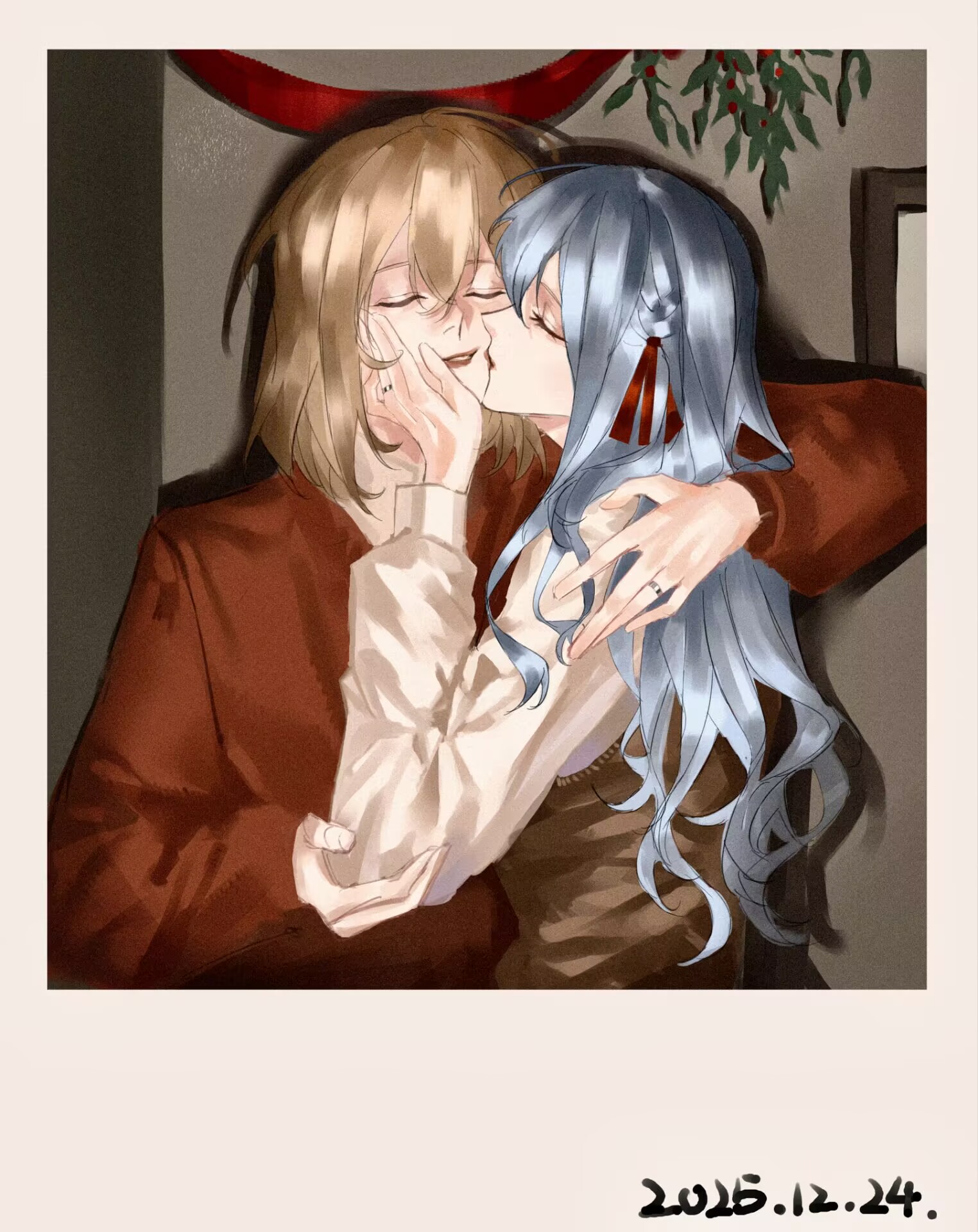 misumi uika, togawa sakiko, bang dream!, bang dream! it's mygo!!!!!, commentary, highres, symbol-only commentary, 2girls, blonde hair, blue hair, brown sweater vest, closed eyes, dated, hair ribbon, jewelry, kiss, kissing cheek, long hair, long sleeves, medium hair, multiple girls, putaooking, red ribbon, red sweater, ribbon, ring, shirt, sidelocks, sweater, sweater vest, wedding ring, white shirt, wife and wife, yuri