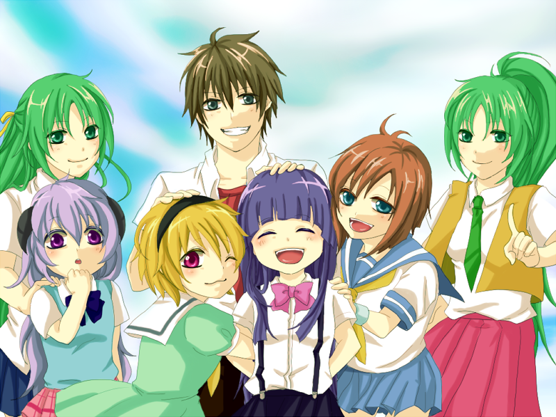 cyamiko, furude rika, hanyuu, houjou satoko, maebara keiichi, ryuuguu rena, sonozaki mion, sonozaki shion, higurashi no naku koro ni, bad id, bad pixiv id, 00s, 1boy, 6+girls, ;d, blonde hair, bow, brown hair, green skirt, grin, long skirt, looking at viewer, multiple girls, one eye closed, open mouth, pink bow, pleated skirt, pointing, pointing at viewer, ponytail, red eyes, short hair, siblings, sisters, skirt, smile, suspender skirt, suspenders, teeth, twins, vest
