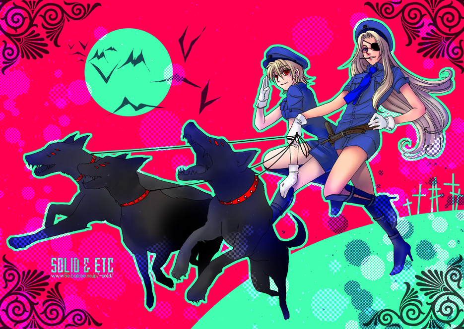 solid&etc, alucard (hellsing), baskerville, integra hellsing, seras victoria, hellsing, baton, ornament, 2girls, bat (animal), belt, blonde hair, boots, collar, cross, dog, eyepatch, glasses, gloves, hat, high heels, long hair, miniskirt, moon, multiple girls, necktie, peaked cap, police, police uniform, policewoman, red eyes, salute, shoes, short hair, skirt, smile, white gloves